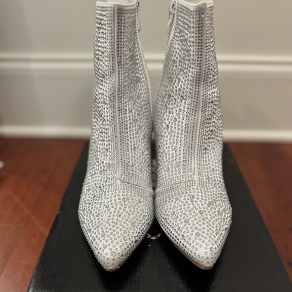 Rhinestone-Studded White Ankle Boots - Block Chunky Heel - Picture 2 of 4